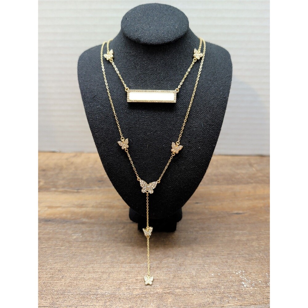 Park Lane WHIMSICAL 2-in-1 Necklace Crystal Butterflies Mother Of Pearl Goldtone